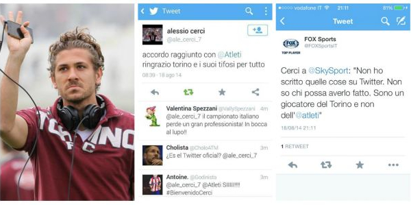 Cerci, Twitter e l'Atletico: mistero sul web