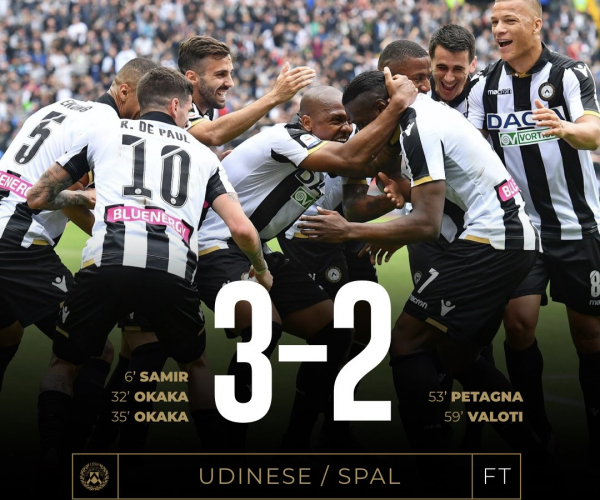 Serie A - Ancora Okaka show, l'Udinese batte anche la SPAL (3-2)
