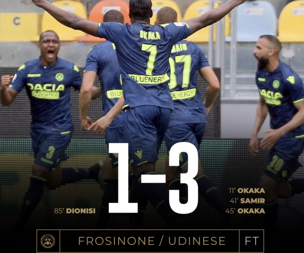 Serie A - Udinese in scioltezza a Frosinone, ma la lotta salvezza resta aperta (1-3)
