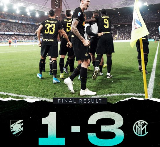 Serie A - L'Inter batte anche la Sampdoria e mantiene la testa del campionato (1-3)