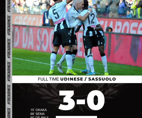 Show in Friuli: l'Udinese supera 3-0 un Sassuolo poco pungente