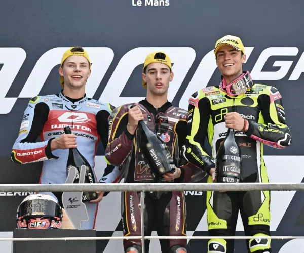 El podio del GP de Francia de Moto2 al habla: Arbolino nuevo líder del campeonato