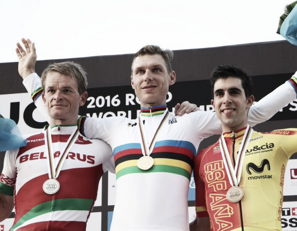 Doha 2016, Tony Martin ancora campione a cronometro. Sul podio Kiryenka e Castroviejo