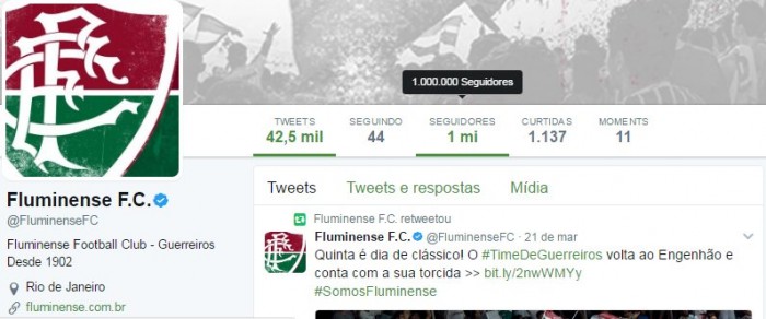 Perfil oficial do Fluminense no Twitter chega a um milhão de seguidores