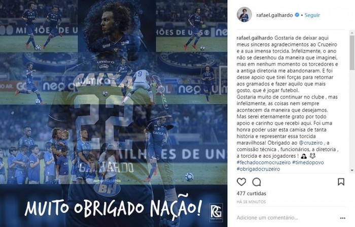 Galhardo se despede em redes sociais, e Cruzeiro segue à procura de acerto com lateral-direito