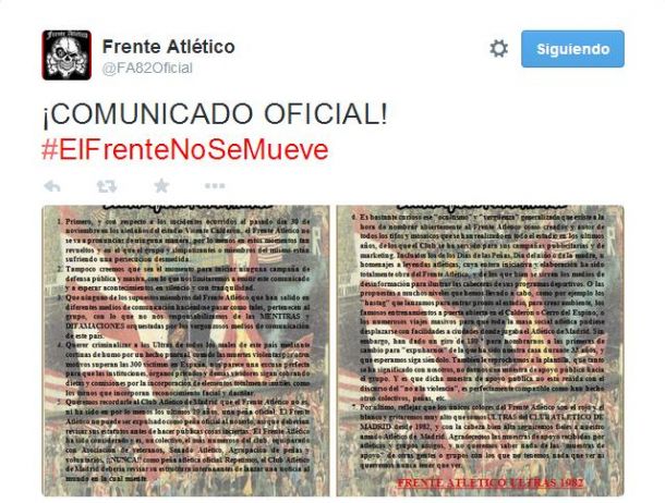 El Frente Atlético se pronuncia: “Seguiremos fieles a nuestro amado Atlético de Madrid”
