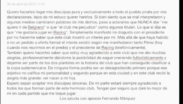 'Cuqui' Márquez pidió disculpas a los hinchas de Belgrano