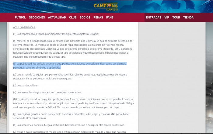 El FC Barcelona también prohíbe la entrada de símbolos políticos al Camp Nou a los seguidores del equipo visitante en sus normas