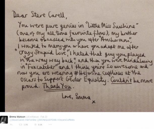 Emma Watson agradece públicamente a Steve Carell su gesto de apoyo a la campaña #HeForShe