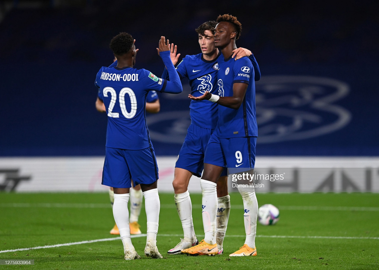 Kai Havertz of Chelsea (C) celebrates after scoring his sides fourth goal w...