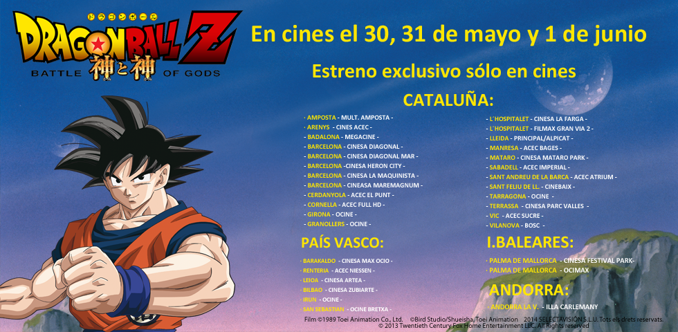 Listas de cines donde se podrá ver 'Dragon Ball Z: la batalla de los dioses'