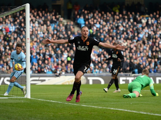 Meyler celebrating his goal at Manchester City.