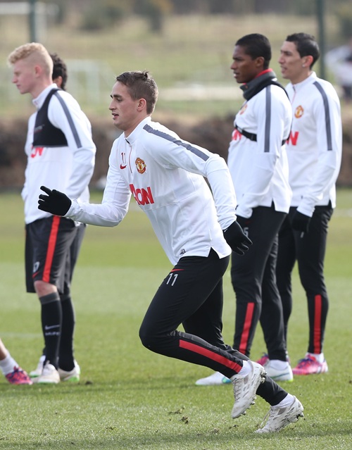 James Weir pictured in training with Adnan Januzaj, Antonio Valencia and Angel di Maria (PICTURE: Thepeoplesperson.com)