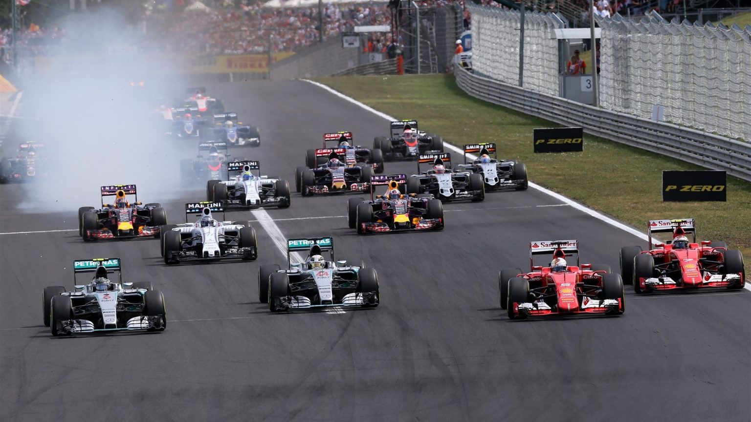 Lewis Hamilton's poor start meant he was fourth, behind Sebastian Vettel, Nico Rosberg and Kimi Raikkonen at Turn One. (Picture: Getty Images)