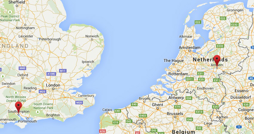 Map showing Southampton (left pin) and Arnhem (right pin), via Google Maps