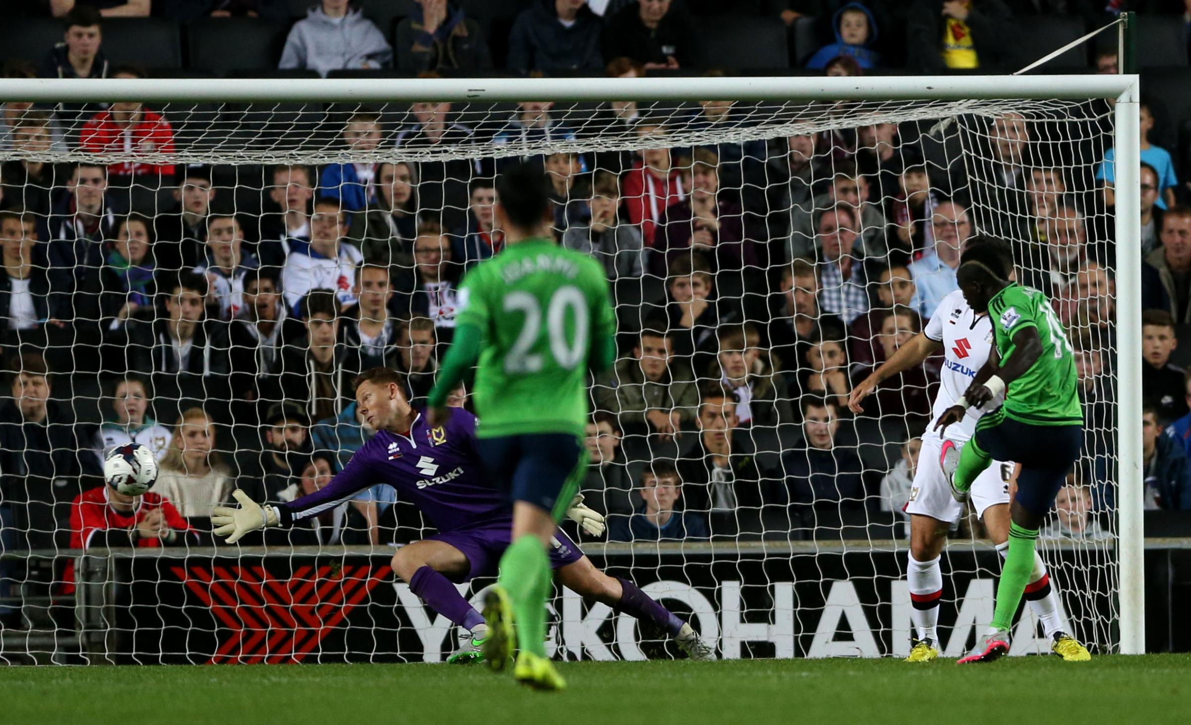 Sadio Mane scores in Southampton's 6-0 win over MK Dons.