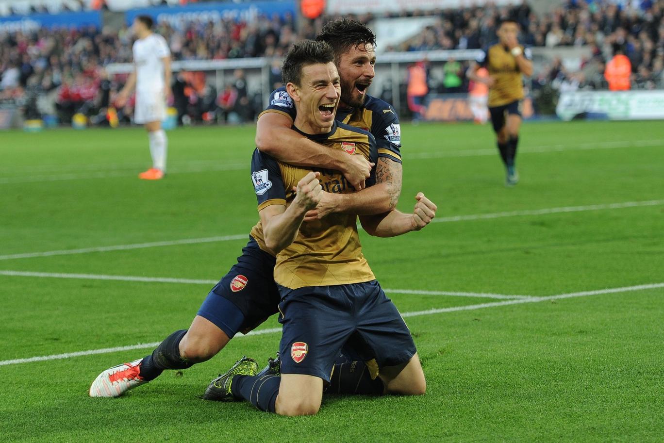 Laurent Koscielny celebrating after scoring against Swansea. (Standard)