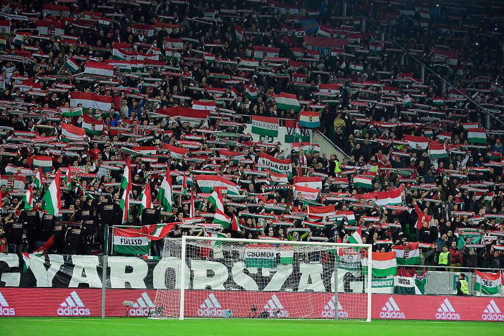 An outpouring of joy. The passionate Hungary fans celebrate qualifying for France. (Image credit: UEFA)