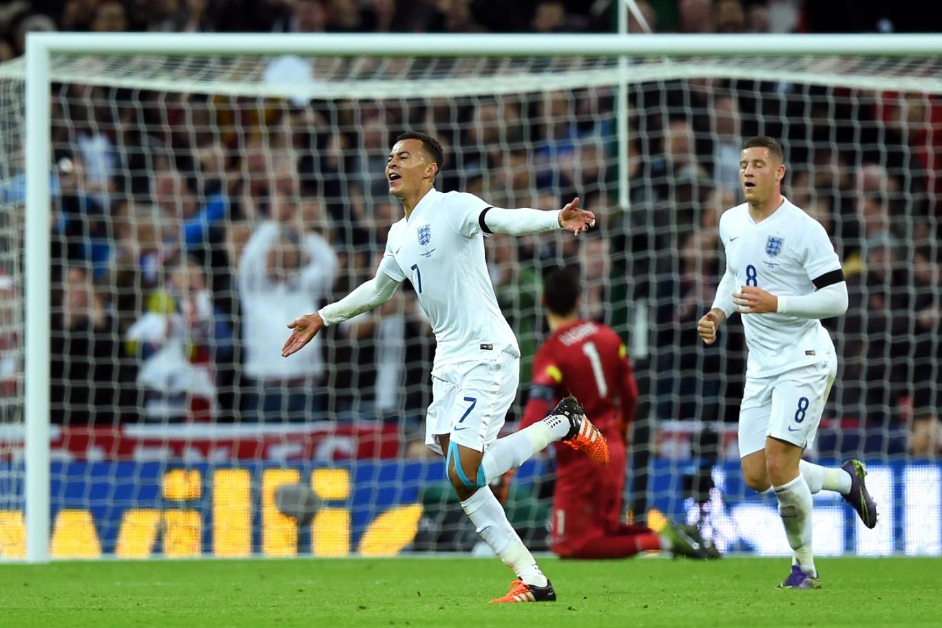 Dele Alli celebrates his first goal for England. (Standard)