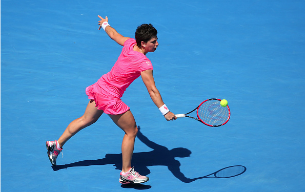 Carla Suarez Navarro hitting a backhand in Melbourne. Source:Getty Images/Quinn Ronney