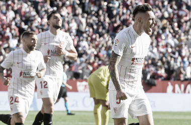 Ocampos celebra su gol en el partido de la primera vuelta. -Sevilla FC