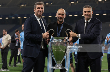 <span>Ferran Soriano Chief Executive Officer of Manchester City, Josep Guardiola Head Coach of Manchester City and Khaldoon Al Mubarak Manchester City Chairman pose with the Champions League trophy . (Photo by Jonathan Moscrop/Getty Images)</span>