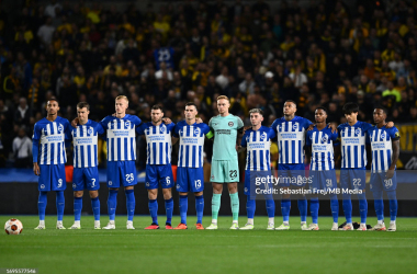 <div>Brighton line up ahead of their Europa League opener against AEK Athens in September - the club's first-ever European fixture. Photo by Sebastian Frej/MB Media/Getty Images.&nbsp;</div>