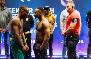 Things got heated at the London vs Birmingham weigh-in! (Photo courtesy of BoxOffPR)