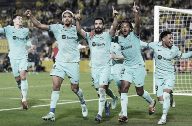 Los jugadores del Barcelona celebrando el gol que les daba la victoria en el último enfrentamiento entre Las Palmas y Barça (1-2). Fuente: Eurosport