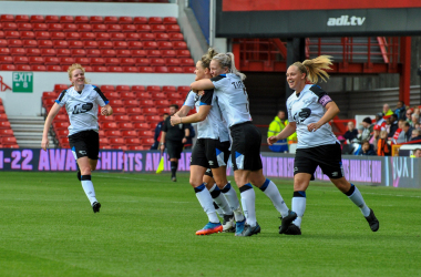 Derby County Women celebrate Ellie Gilliatt's goal, which put them 2-0 up against local rivals Nottingham Forest back in October - @TerriLeePhotos