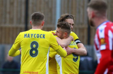 Solihull Moors players Andrew Dallas, Callum Howe and Callum Maycock celebrating their opening goal against Dorking Wanderers. (Photo: @DickyKing00)