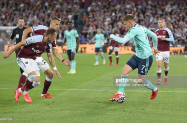<div>LONDON, ENGLAND - AUGUST 23: Leicester City's Harvey Barnes takes on West Ham United's Vladimir Coufal and Tomas Soucek during the Premier League match between West Ham United and Leicester City at The London Stadium on August 23, 2021 in London, England. (Photo by Rob Newell - CameraSport via Getty Images)</div>