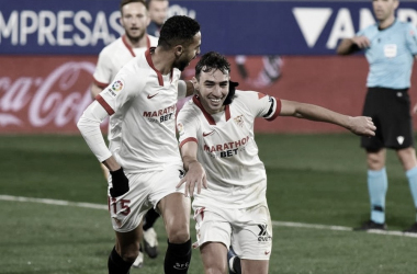 Los delanteros marroquís celebrando un gol || Foto: Sevilla FC