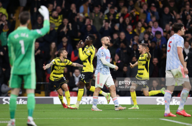 Ismaila Sarr, Kiko Femenia and Tom Cleverley celebrate Watford second goal | Alex Pantling / Getty Images