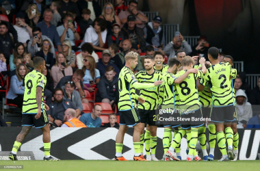 Arsenal's Ben White celebrating their fourth goal of the afternoon during the Premier League match between AFC Bournemouth and Arsenal FC at the Vitality Stadium on September 30, 2023 in Bournemouth, England. (Photo by Steve Bardens/Getty Images)