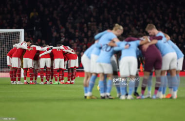 <span style="color: rgb(8, 8, 8); font-family: Lato, sans-serif; font-size: 14px; font-style: normal; text-align: start; background-color: rgb(255, 255, 255);">Arsenal and Manchester City teams huddle before the Premier League match between Arsenal FC and Manchester City at Emirates Stadium on February 15, 2023 in London, England. (Photo by Julian Finney/Getty Images)</span>