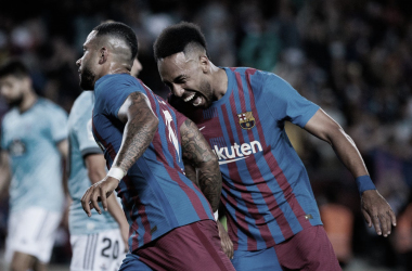 Memphis i Aubameyang celebrando un gol durante el partido. FUENTE: FC Barcelona