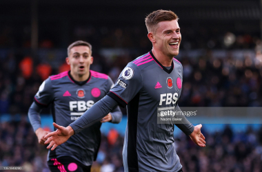Harvey Barnes of Leicester City celebrates after scoring their sides first goal during the Premier League match between Leeds United and Leicester City at Elland Road on November 07, 2021 in Leeds, England. (Photo by Naomi Baker/Getty Images)
