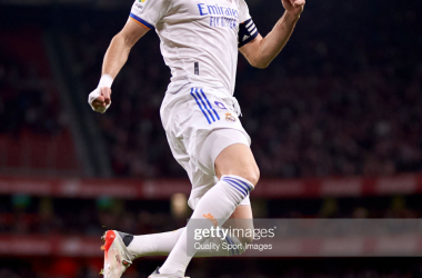 <div>Athletic Club v Real Madrid CF - La Liga Santander</div><div><br></div><div>BILBAO, SPAIN - DECEMBER 22: Karim Benzema of Real Madrid CF celebrates after scoring his team's first goal during the LaLiga Santander match between Athletic Club and Real Madrid CF at San Mames Stadium on December 22, 2021 in Bilbao, Spain. (Photo by Ion Alcoba/Quality Sport Images/Getty Images)</div>