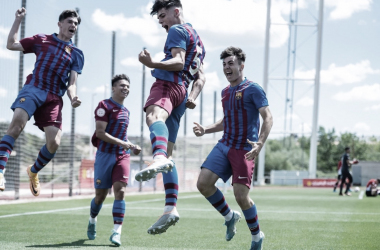 Los jugadores del FCB Juvenil celebrando el 1-0 ante el Athletic, Copa de Campeones 2022| Foto: Noelia Déniz-VAVEL