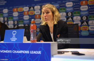Sonia Bompastor, Head Coach of Olympique Lyonnais, speaks to the media in the post match press conference following the UEFA Women's Champions League quarter-final 2nd leg match between Chelsea FC and Olympique Lyonnais at Stamford Bridge on March 30, 2023 in London, England. (Photo by Julian Finney - UEFA/UEFA via Getty Images)