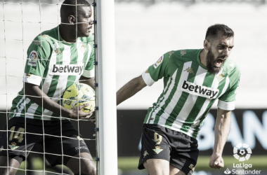 Borja Iglesias celebra un gol junto a William Carvalho. Foto: LaLiga.
