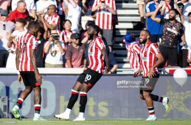 <span style="color: rgb(8, 8, 8); font-family: Lato, sans-serif; font-size: 14px; font-style: normal; text-align: start; background-color: rgb(255, 255, 255);">BRENTFORD, ENGLAND - AUGUST 13: Bryan Mbeumo of Brentford FC celebrates with Ivan Toney and Josh Dasilva after scoring goal during the Premier League match between Brentford FC and Manchester United at Brentford Community Stadium on August 13, 2022 in Brentford, United Kingdom. (Photo by Sebastian Frej/MB Media/Getty Images)</span>