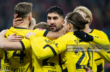 Borussia Dortmund celebrate their goal against Bayer Leverkusen. (Photo by Edith Geuppert - GES Sportfoto/ Getty Images.