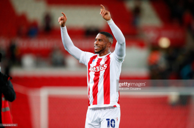 STOKE ON TRENT, ENGLAND - NOVEMBER 20: Tyrese Campbell of Stoke City celebrates during the Sky Bet Championship match between Stoke City and Peterborough United at Bet365 Stadium on November 20, 2021 in Stoke on Trent, England. (Photo by Malcolm Couzens/Getty Images)