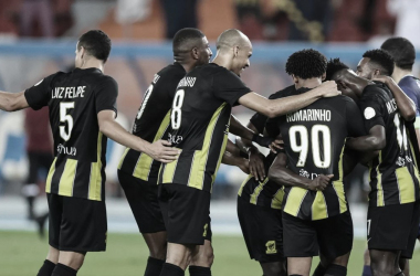 Diego Chavez of FC Juarez celebrates with teammates after scoring