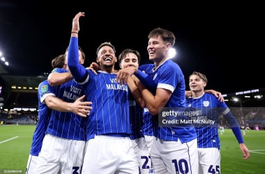 Cardiff celebrate as Callum Robinson doubles his teams lead over Burnley in the third round of the Carabao cup. (Photo by Matt McNulty/Getty Images)