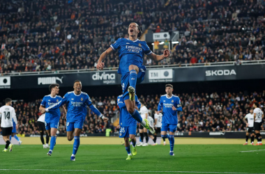 Celebración de Álvaro Carreras tras marcar en Mestalla | Foto: Real Madrid