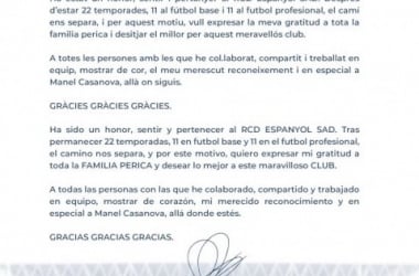 Òscar Perarnau se despide de su club