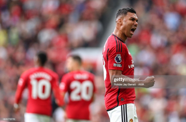 Casemiro celebrating after putting Manchester United level with Nottingham Forest. (Photo by Robbie Jay Barratt - AMA/Getty Images)